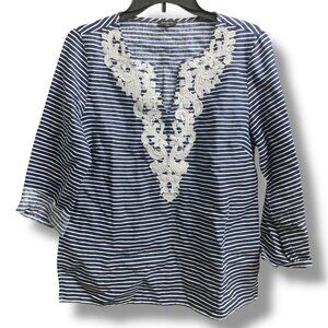 Talbots Navy White Striped Linen Blend Blouse Small | Casual Resort Top
